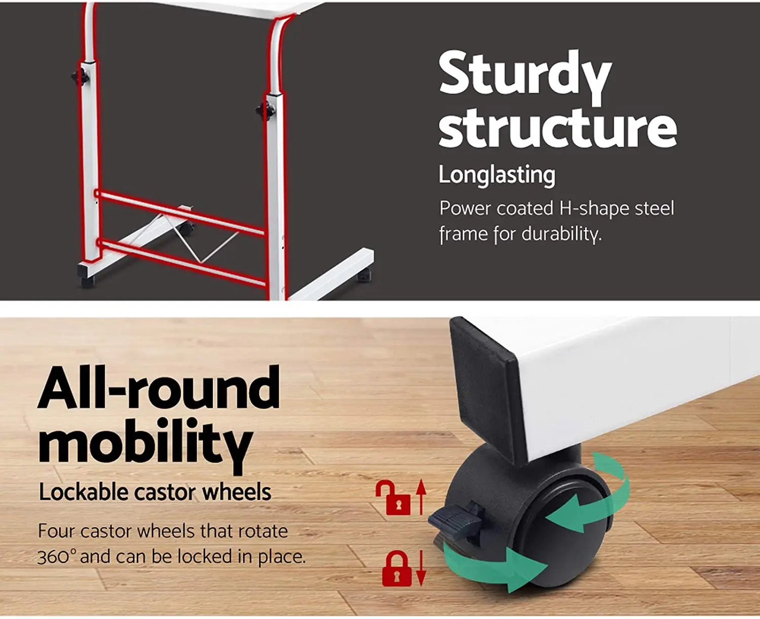 Mobile Laptop Desk Adjustable Height 360°Rotation Wooden Table Top Metal Frame Notebook, Computer Stand for Home Office - White pattanaustralia